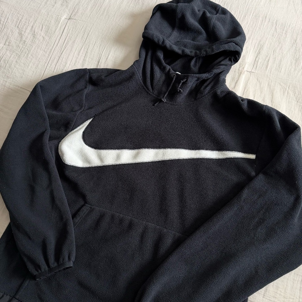 Nike Big Swoosh Fleece Sherpa Oversized Hoodie‎ Men's L Black White Y2K